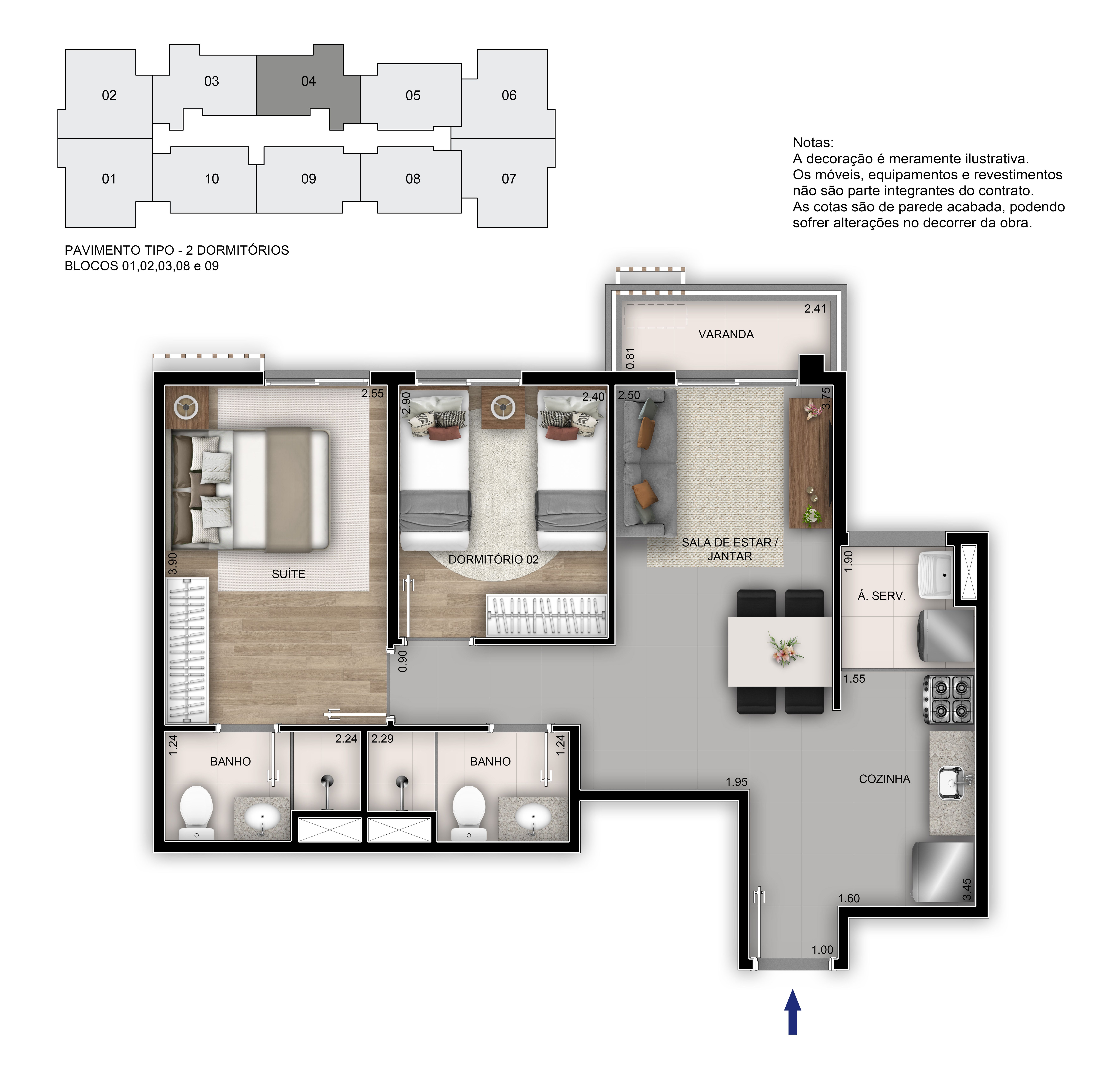 Planta 54m² | 2 Dorms (01 Suíte)