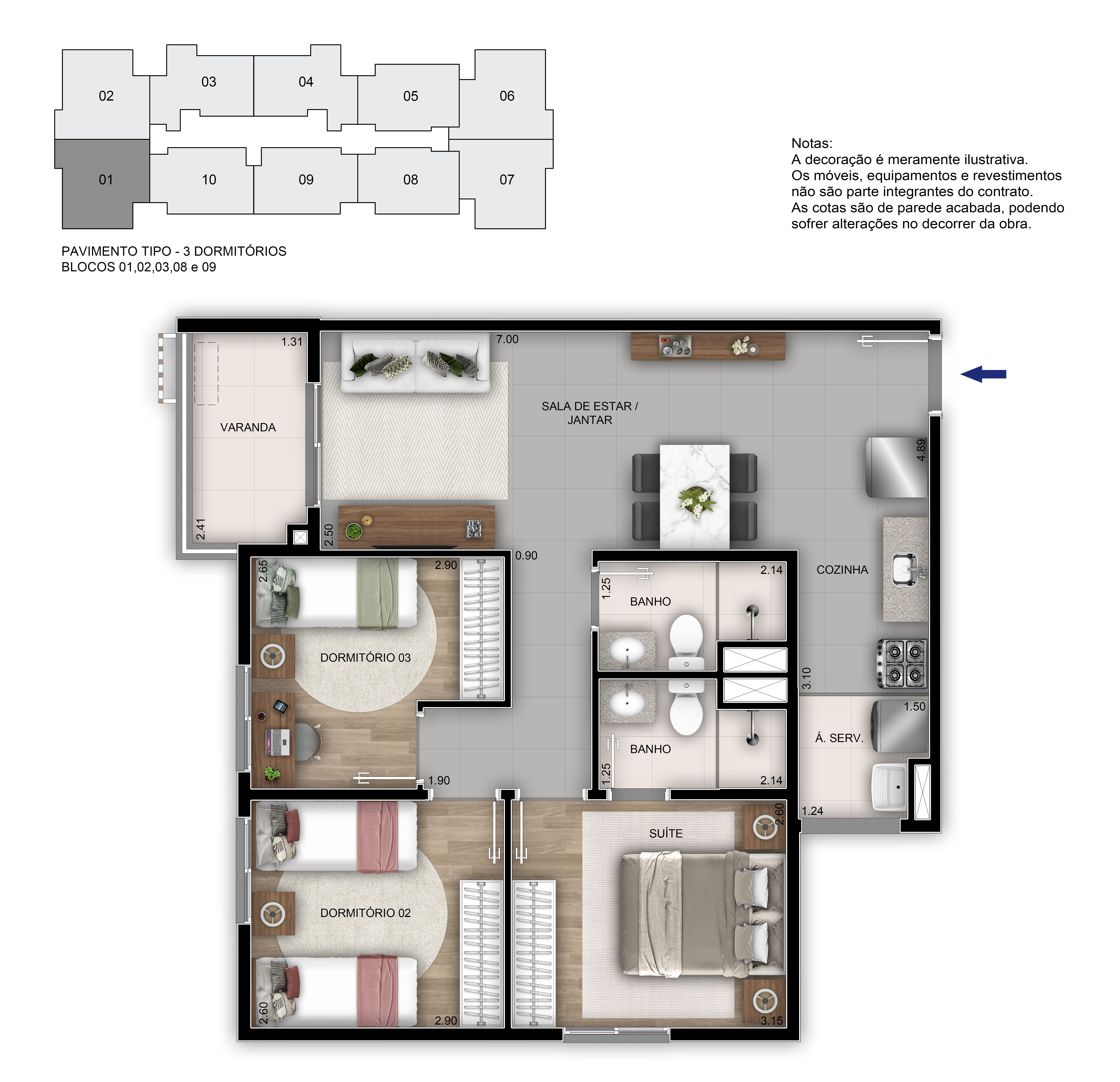 Planta 64m² | 3 Dorms (01 Suíte)