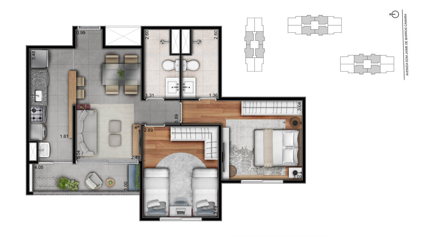 Planta 61m² | 2 Dorms (01 Suíte)