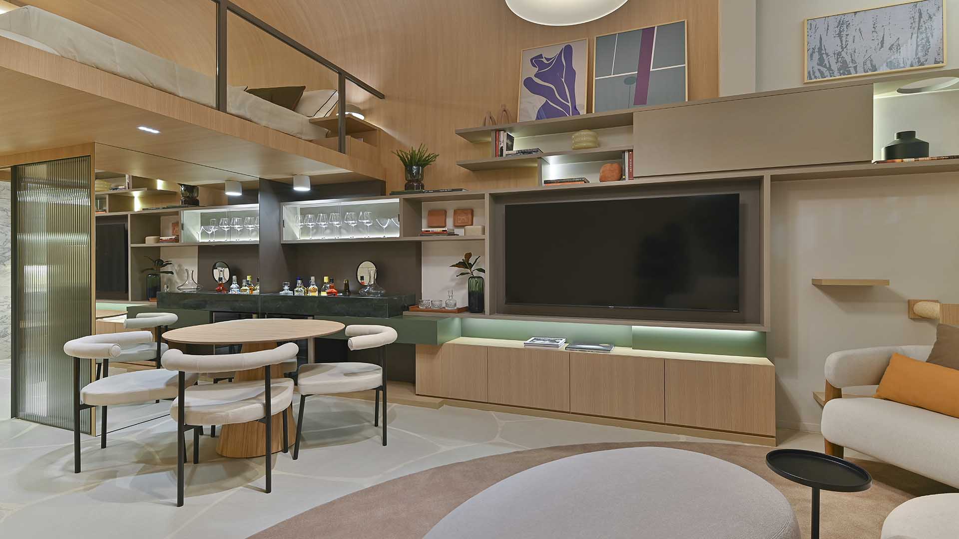 Studio decorado 41,09m² privativos, com pé-direito de 3,90m