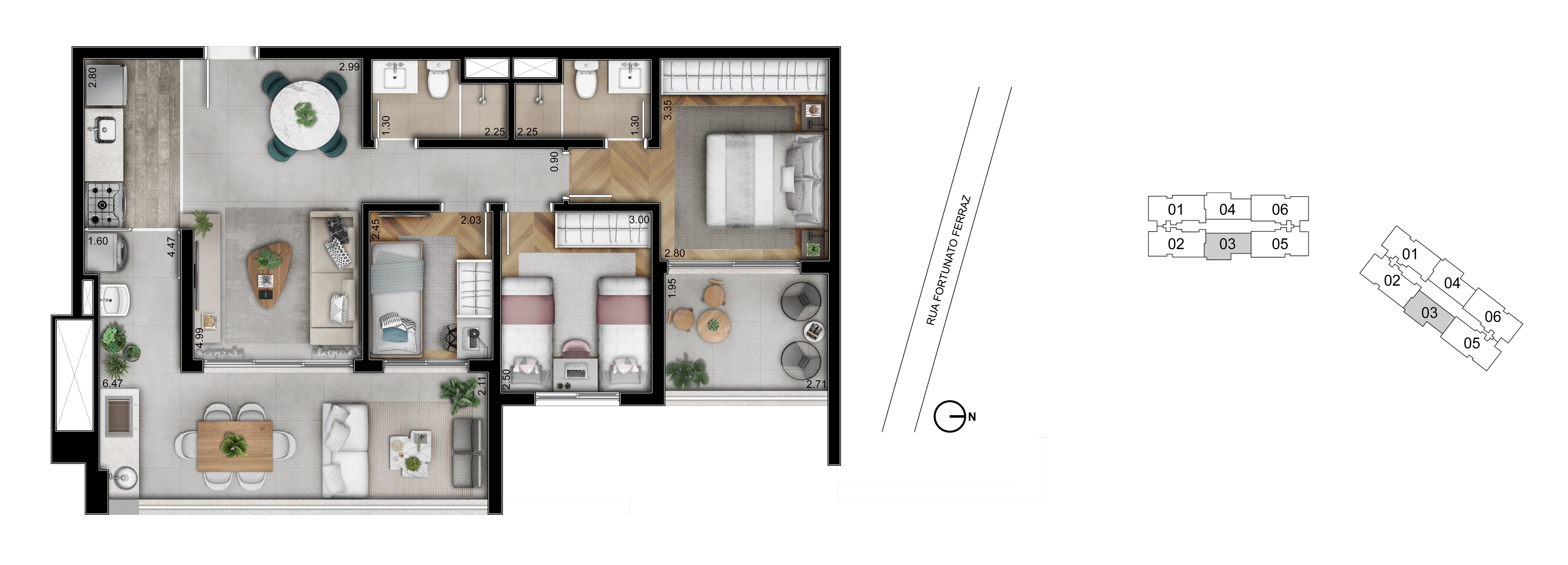 Planta 91m² | 3 Dorms (01 Suíte)