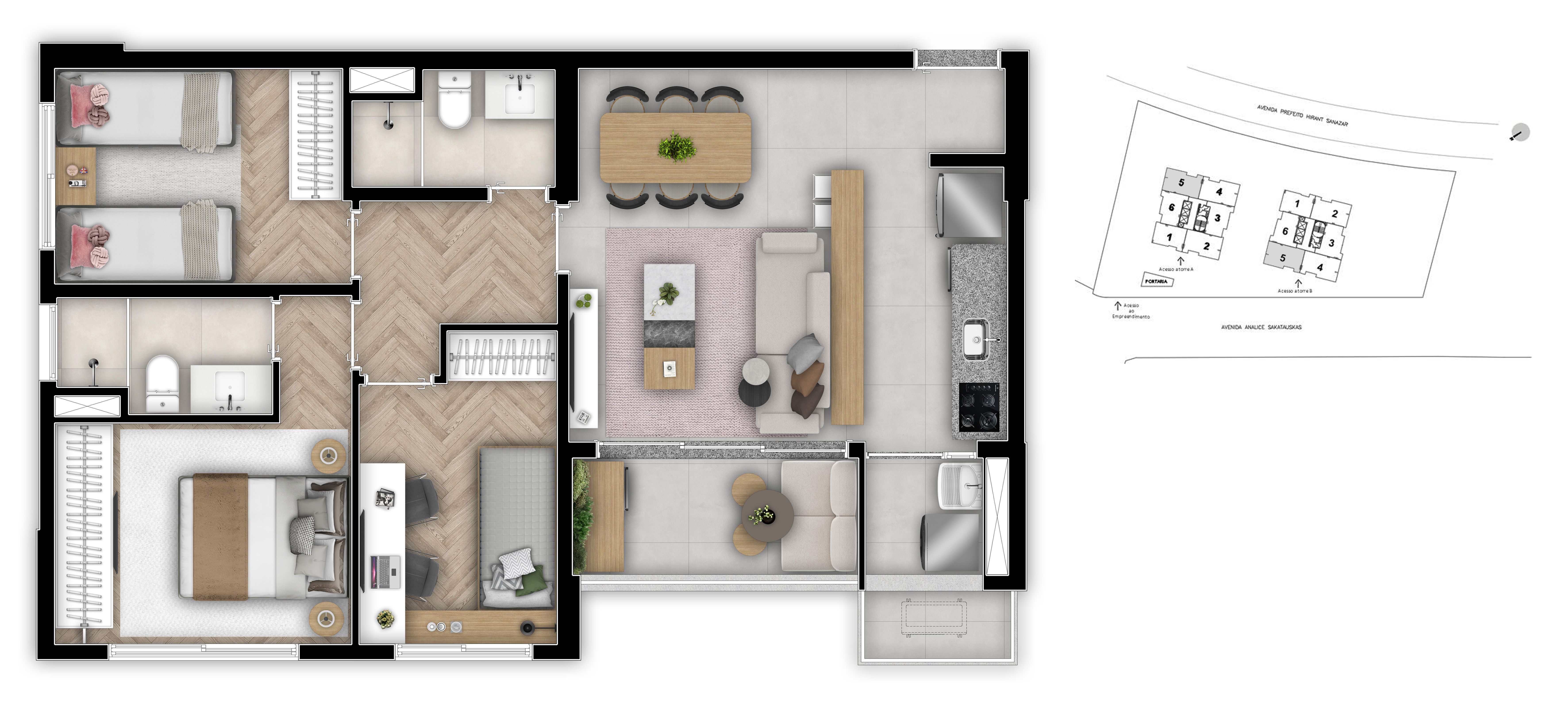 Planta 73m² | 3 Dorms (01 Suíte)
