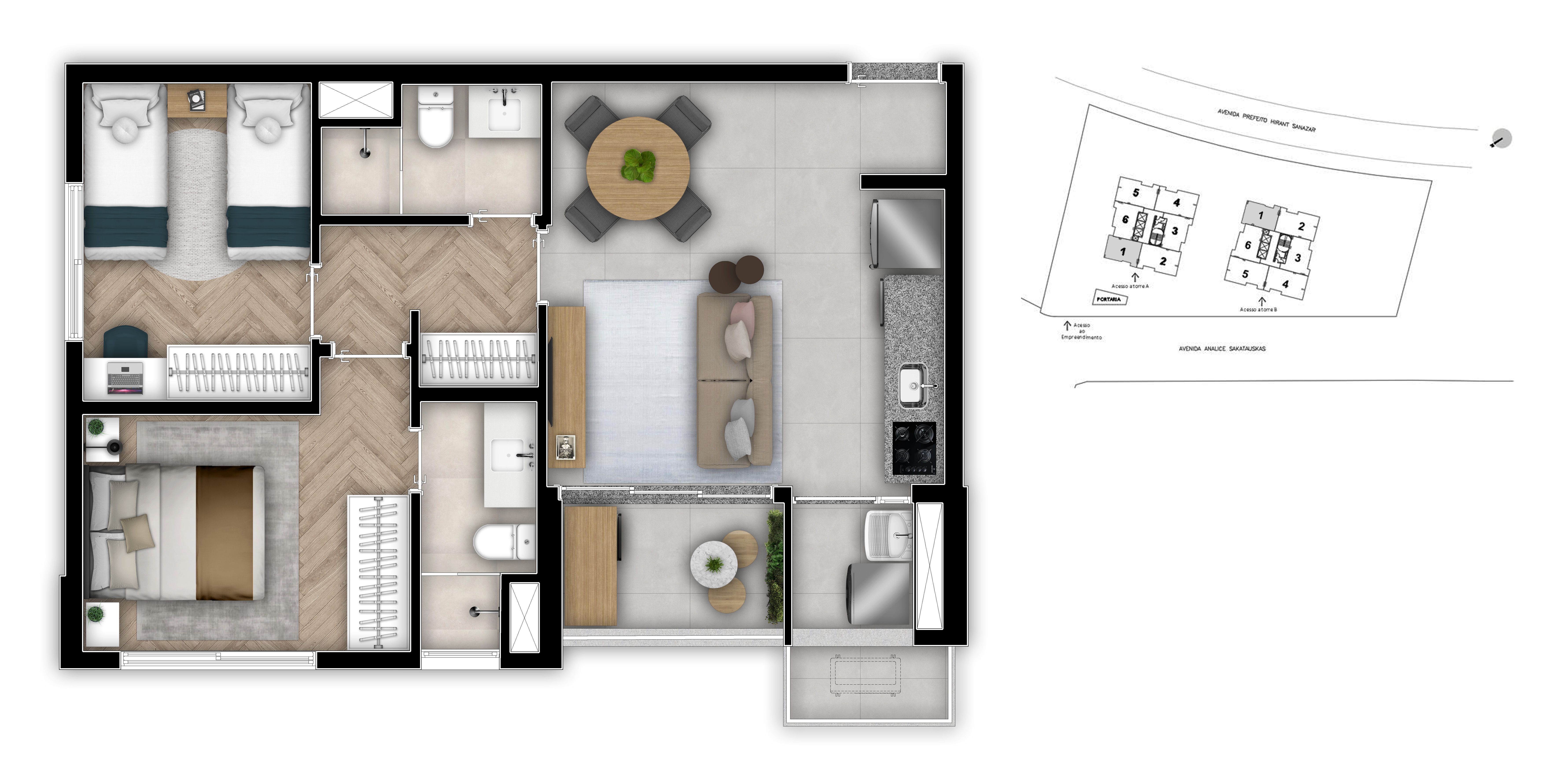 Planta 59m² | 2 Dorms (01 Suíte)