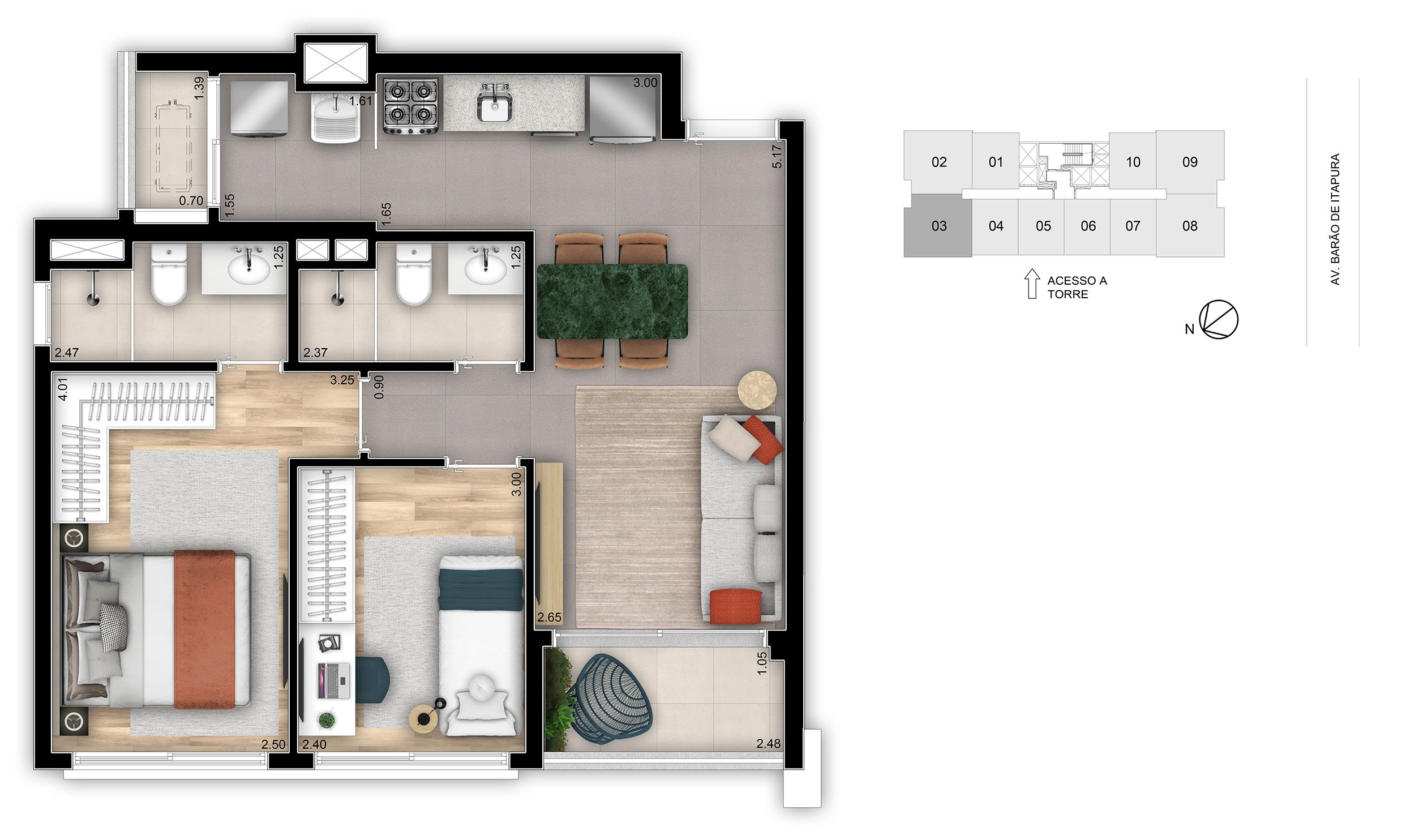 Planta 57m² | 2 Dorms (01 Suíte)
