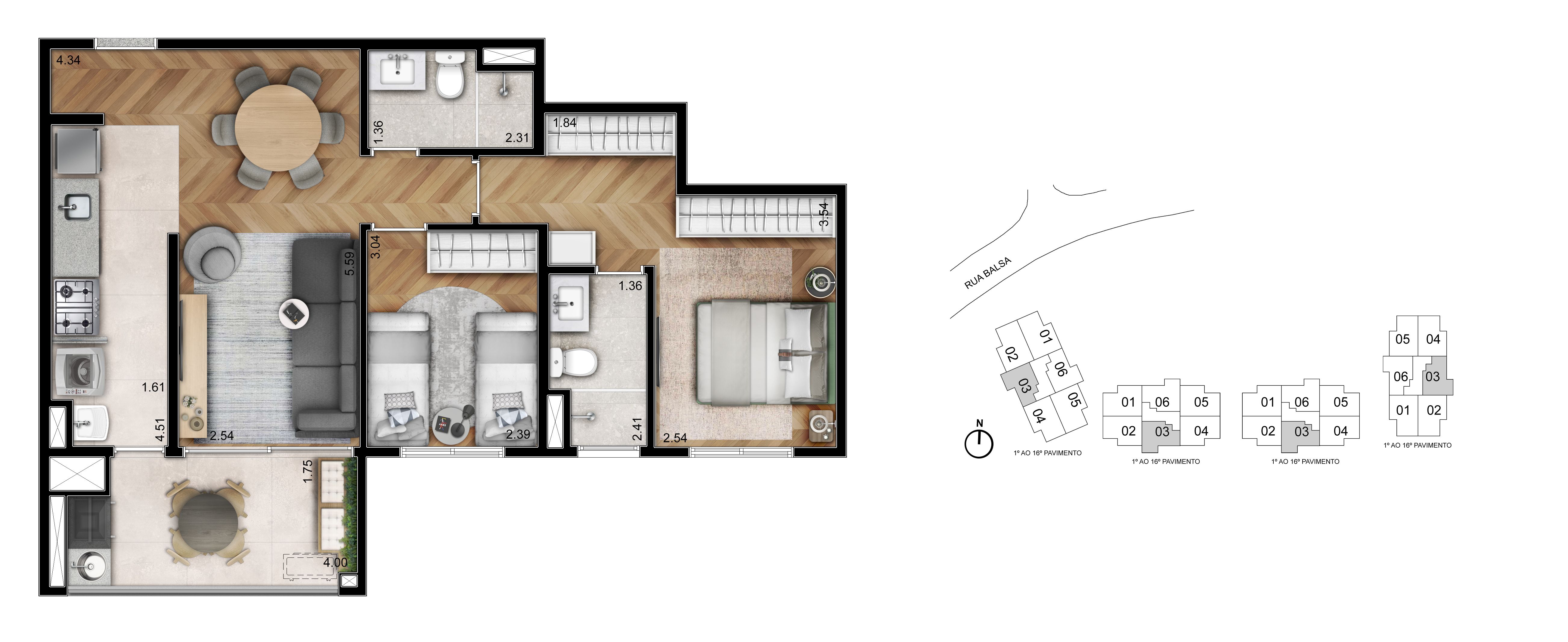 Planta 67m² | 2 Dorms (01 Suíte)