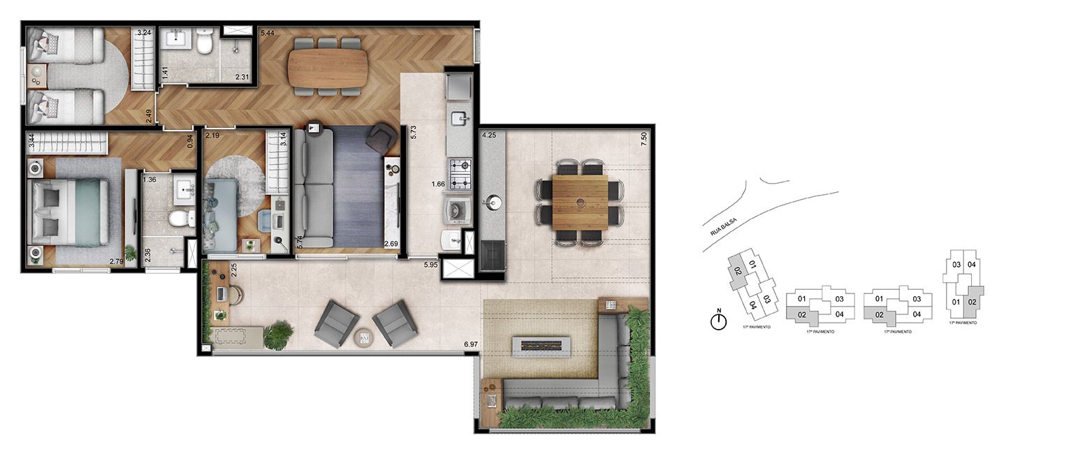 Planta 122m² | 3 Dorms (01 Suíte)