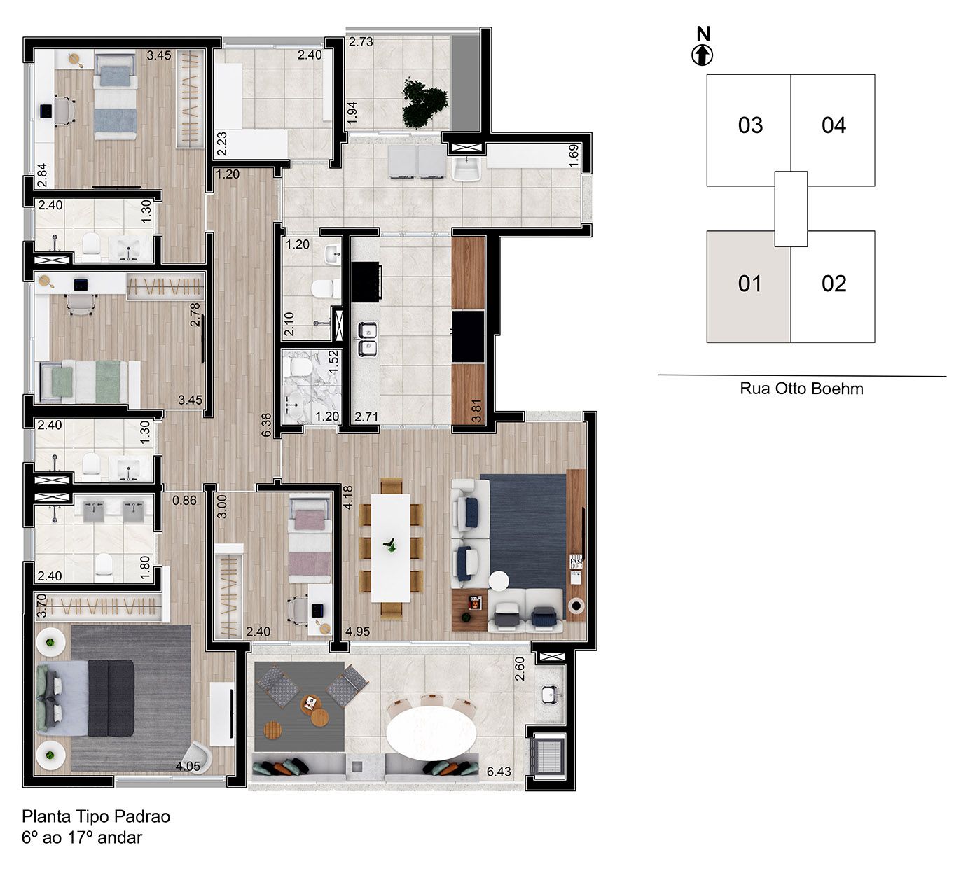 Planta 164m² | 4 Dorms (02 Suítes)