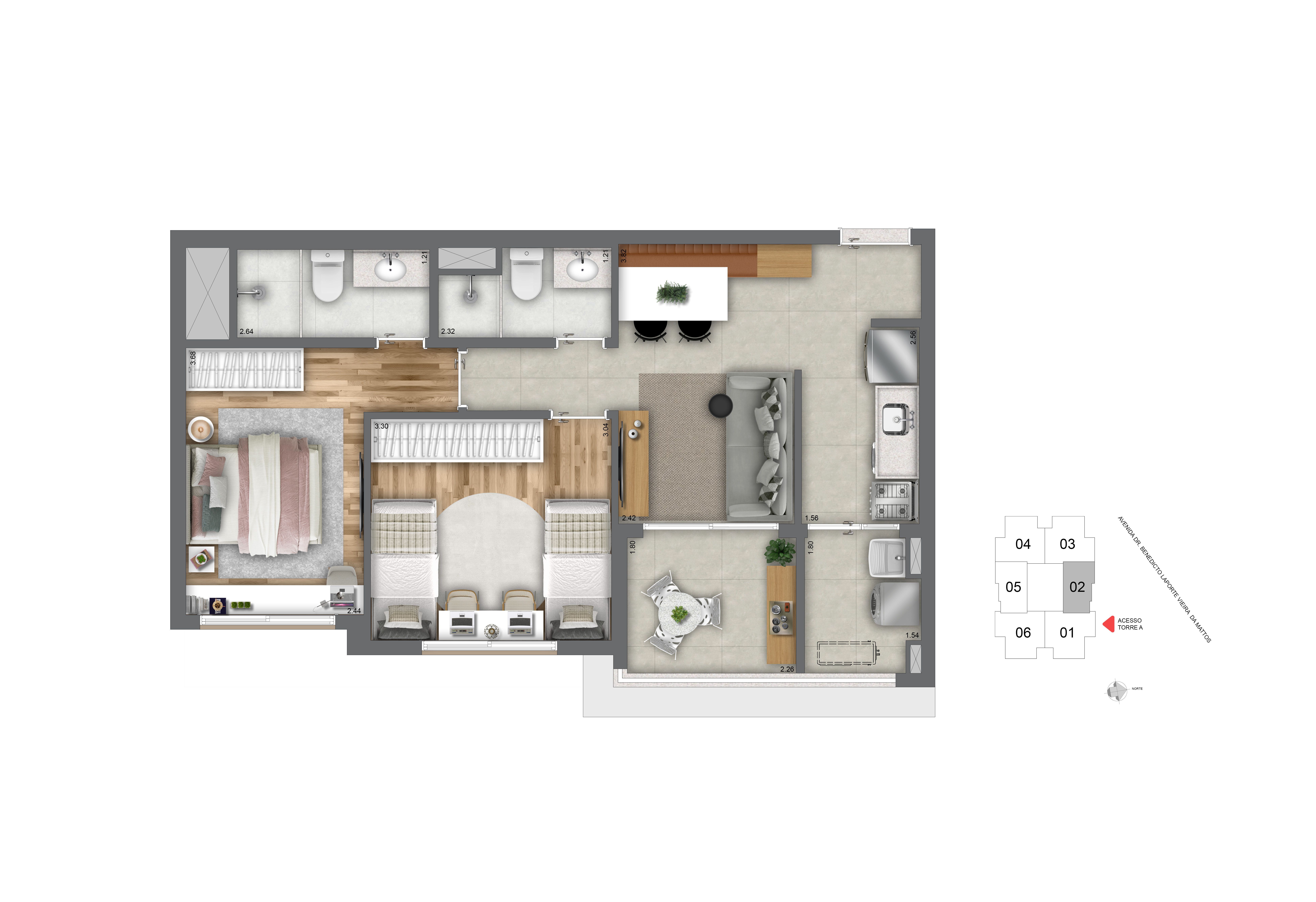 Planta 62m² | 2 Dorms (01 Suíte)