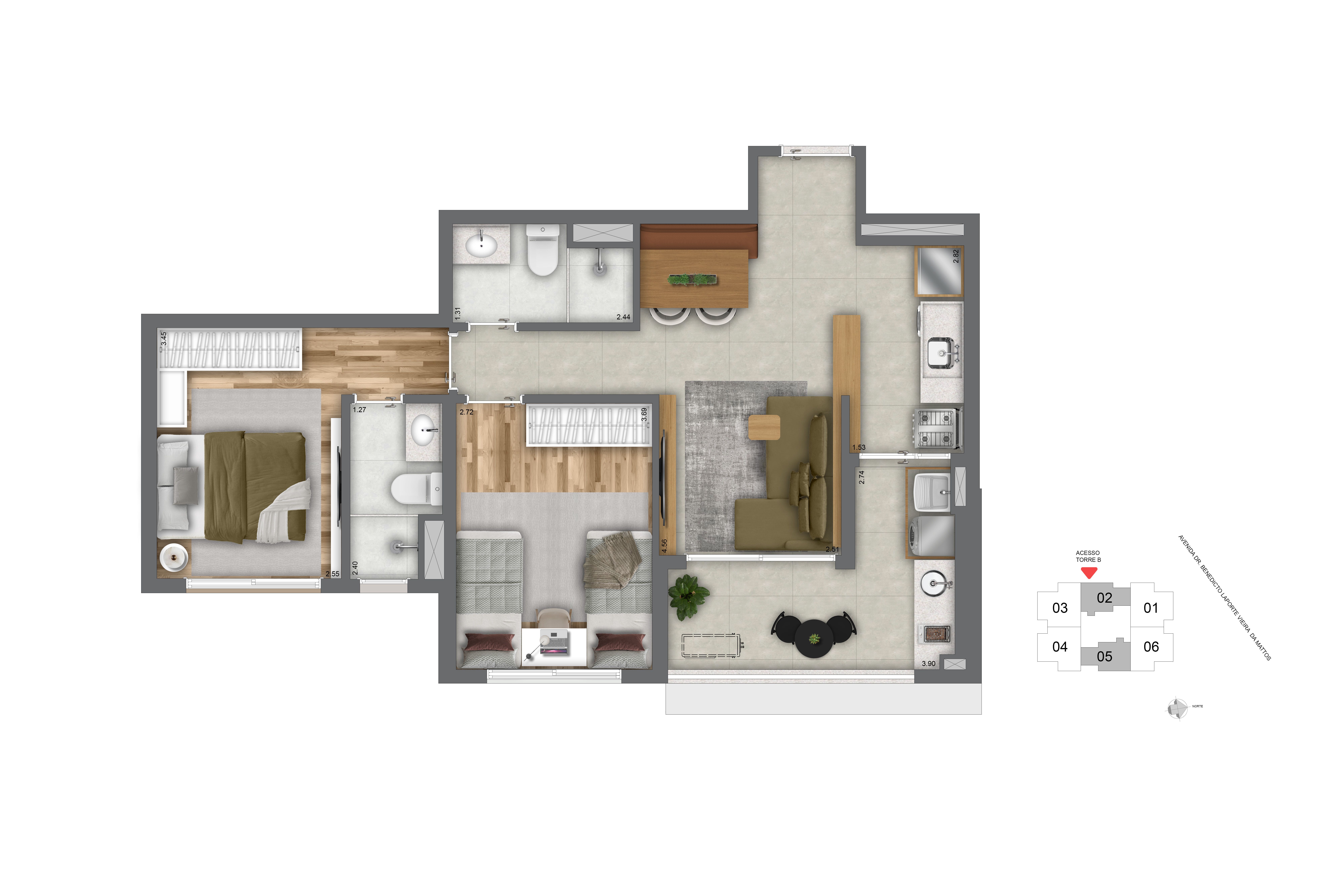 Planta 66m² | 2 Dorms (01 Suíte)