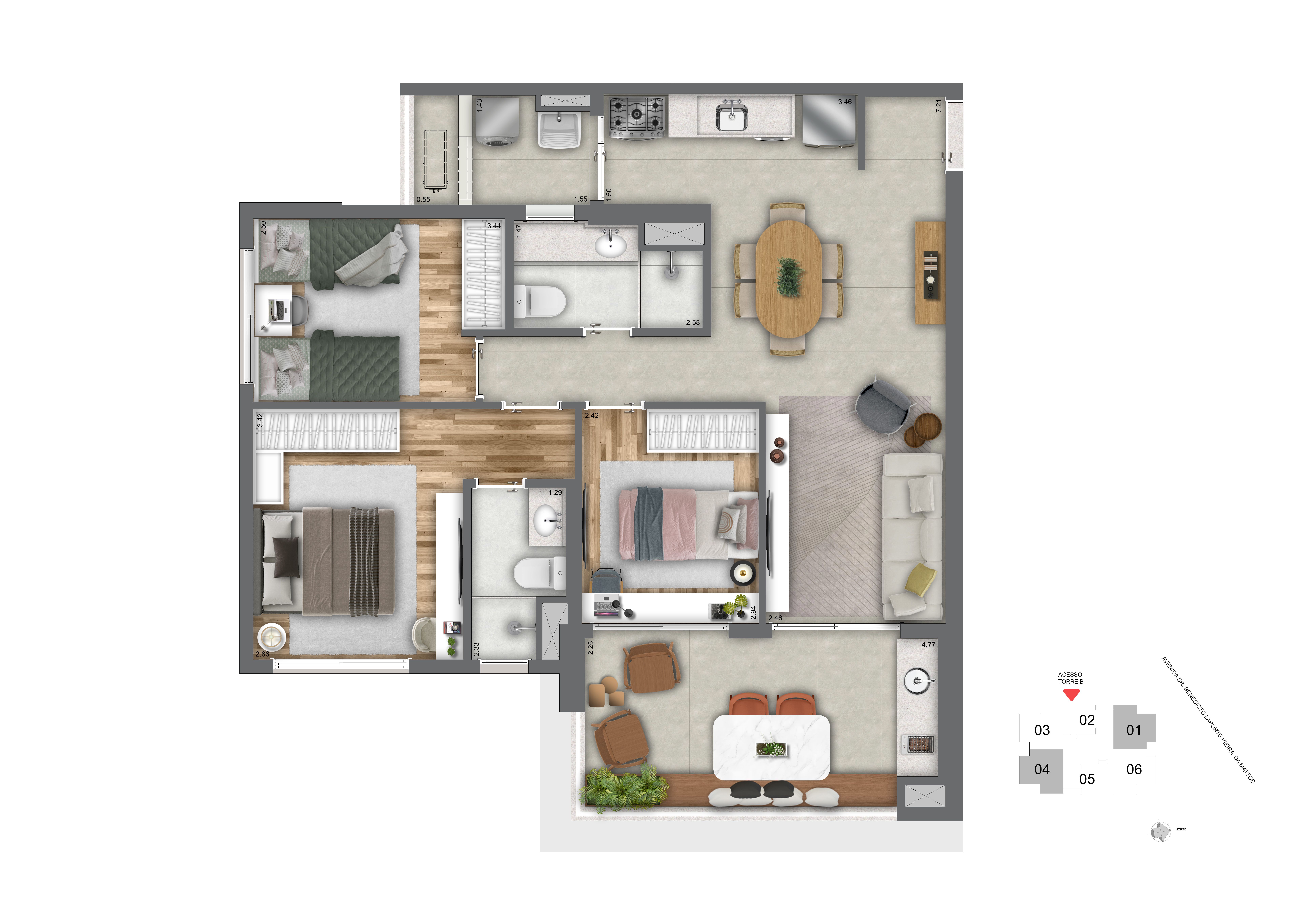 Planta 88m² | 3 Dorms (01 Suíte)