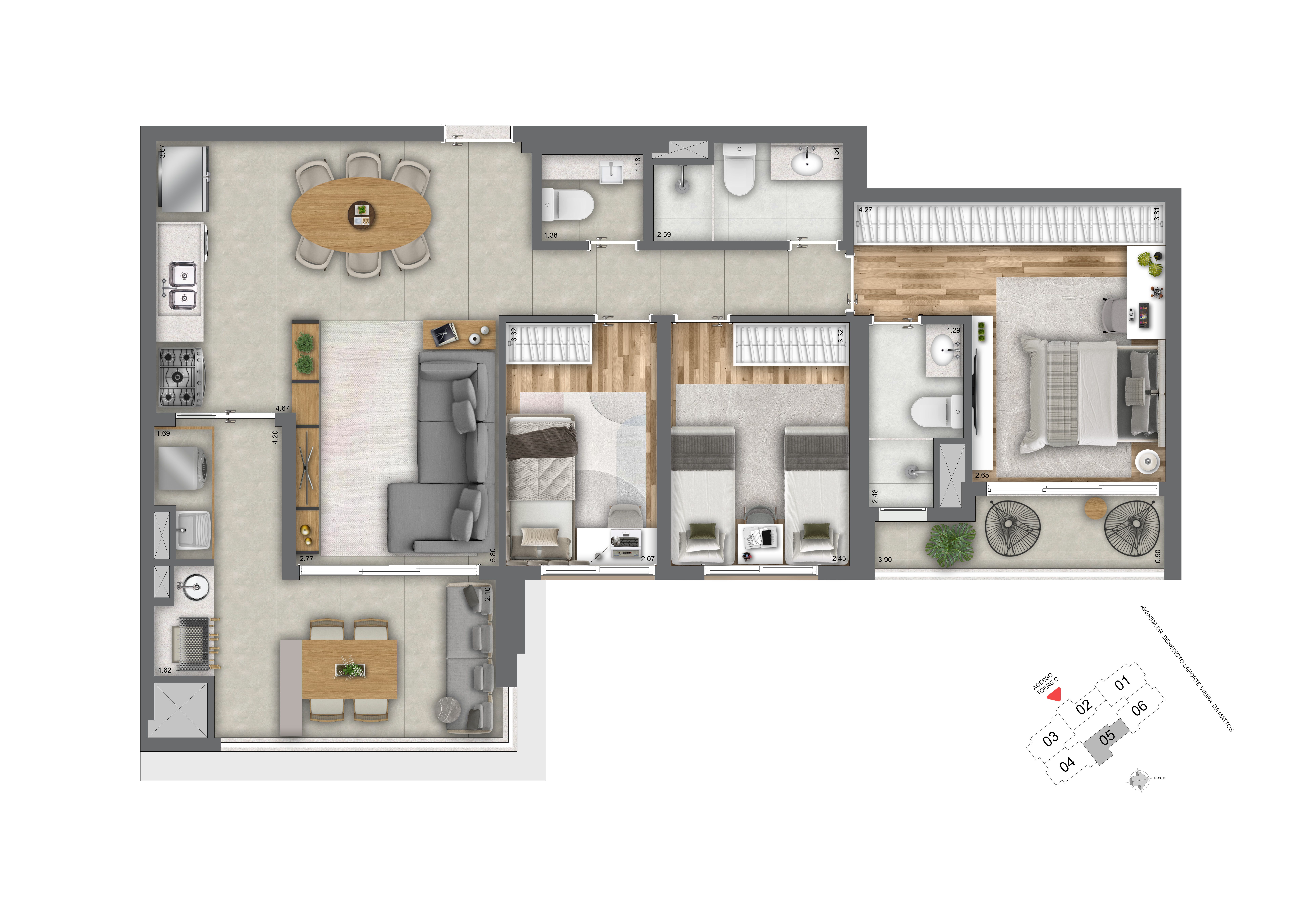 Planta 97m² | 2 Dorms (01 Suíte)