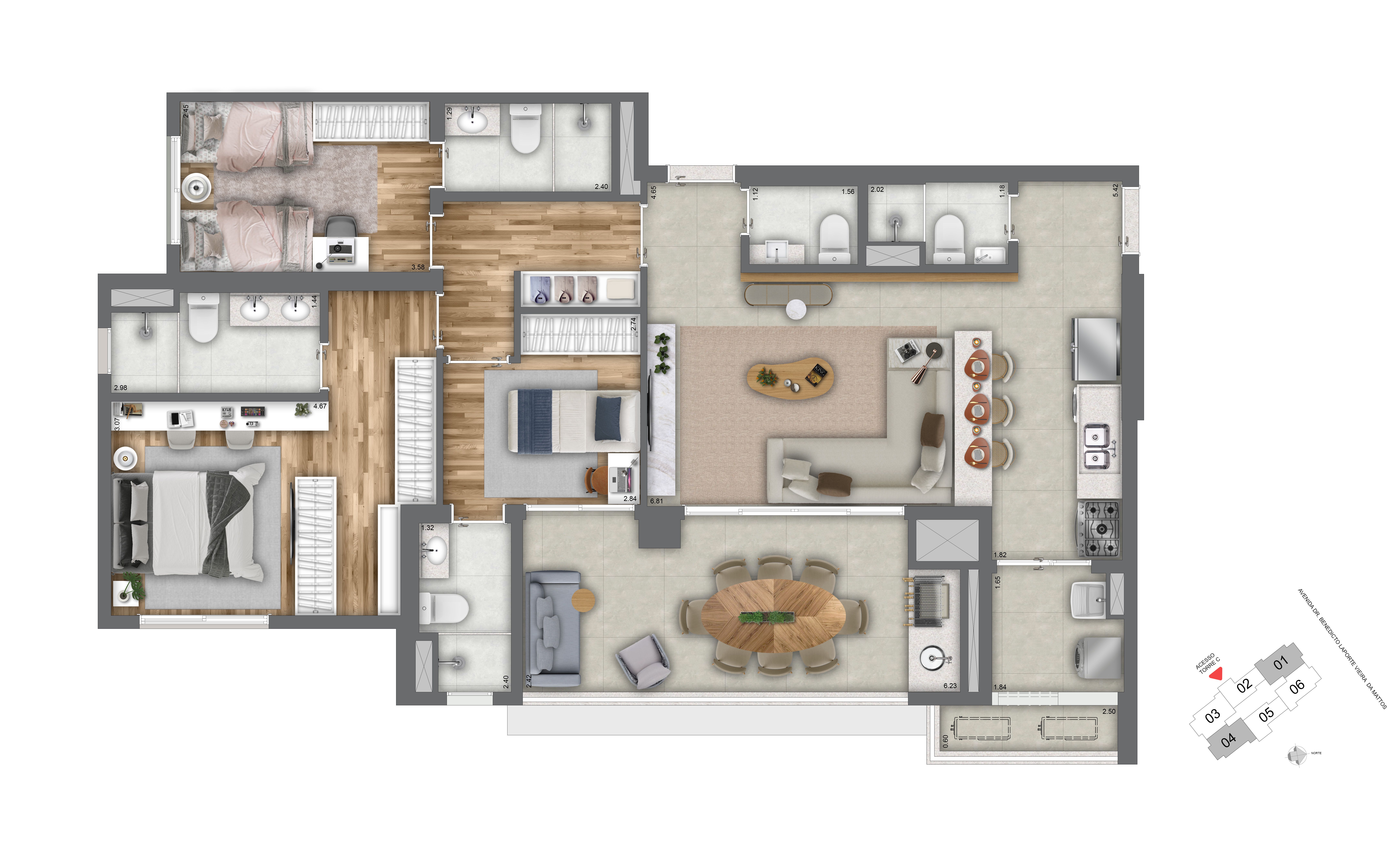 Planta 119m² | 3 Dorms (01 Suíte)