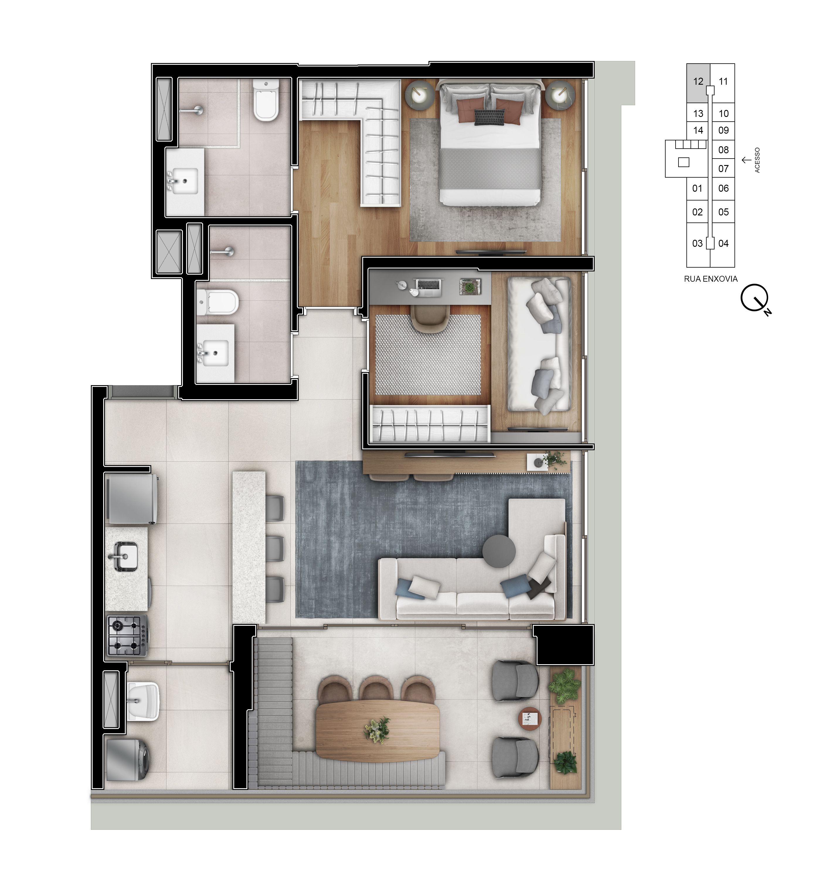Planta 70m² | 2 Dorms (01 Suíte)