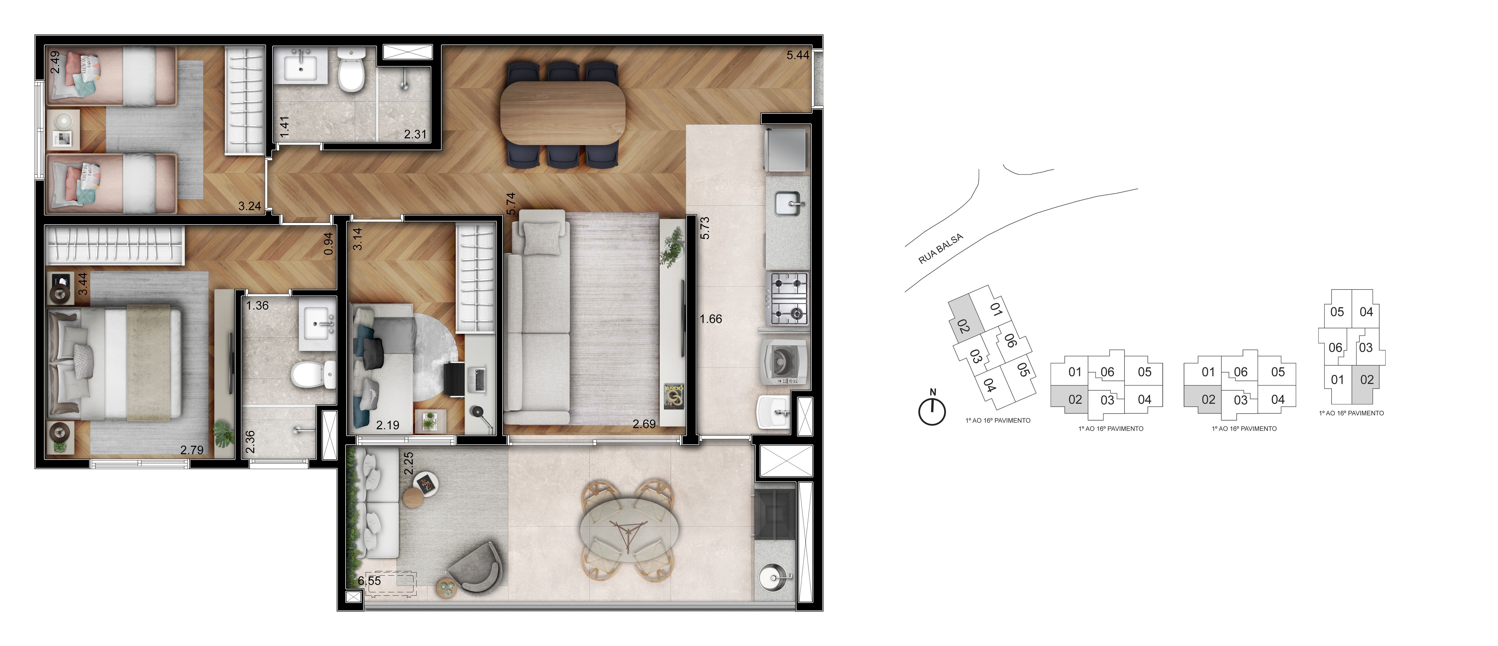 Planta 86m² | 3 Dorms (01 Suíte)