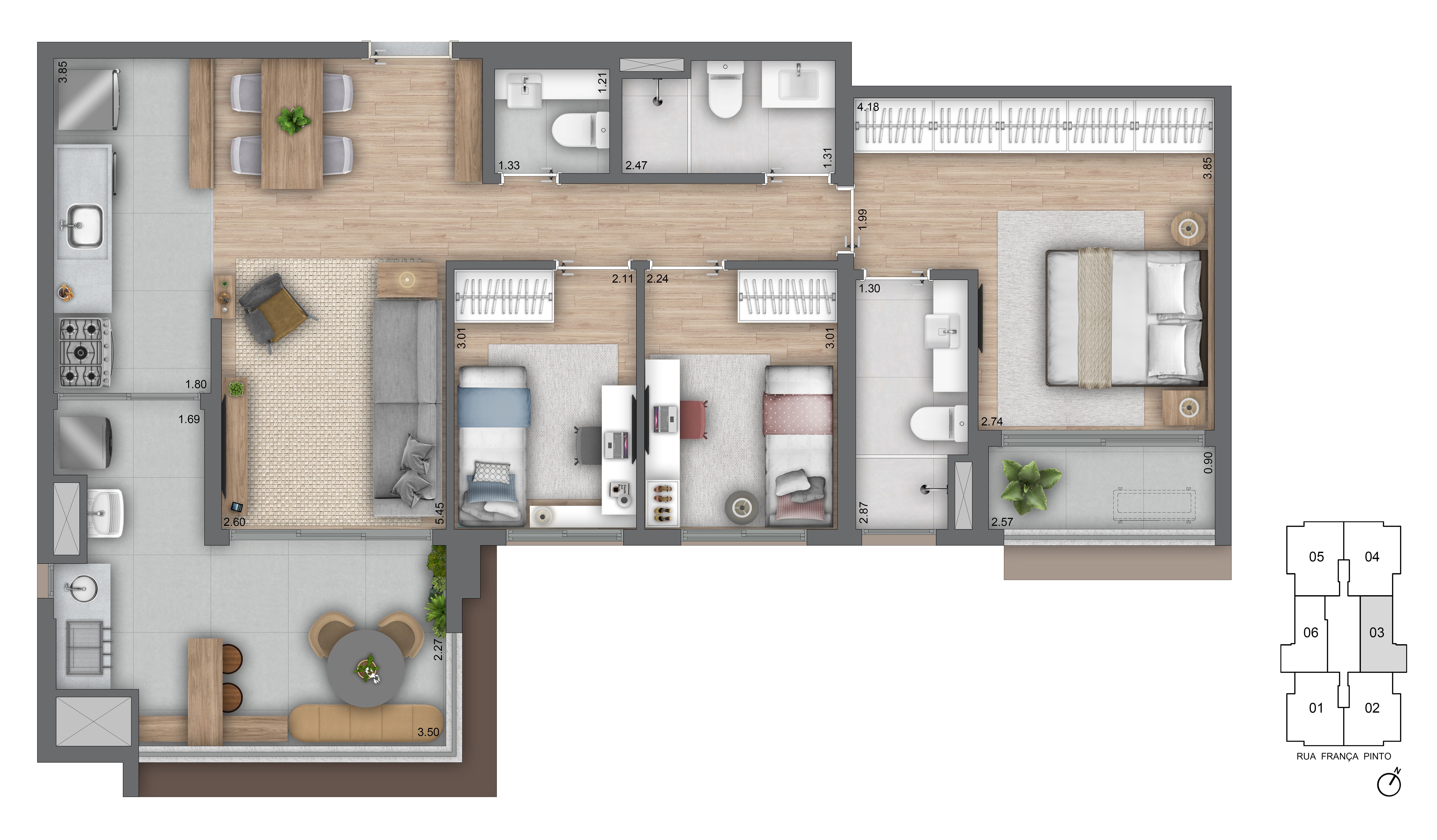Planta 93m² | 3 Dorms (01 Suíte)