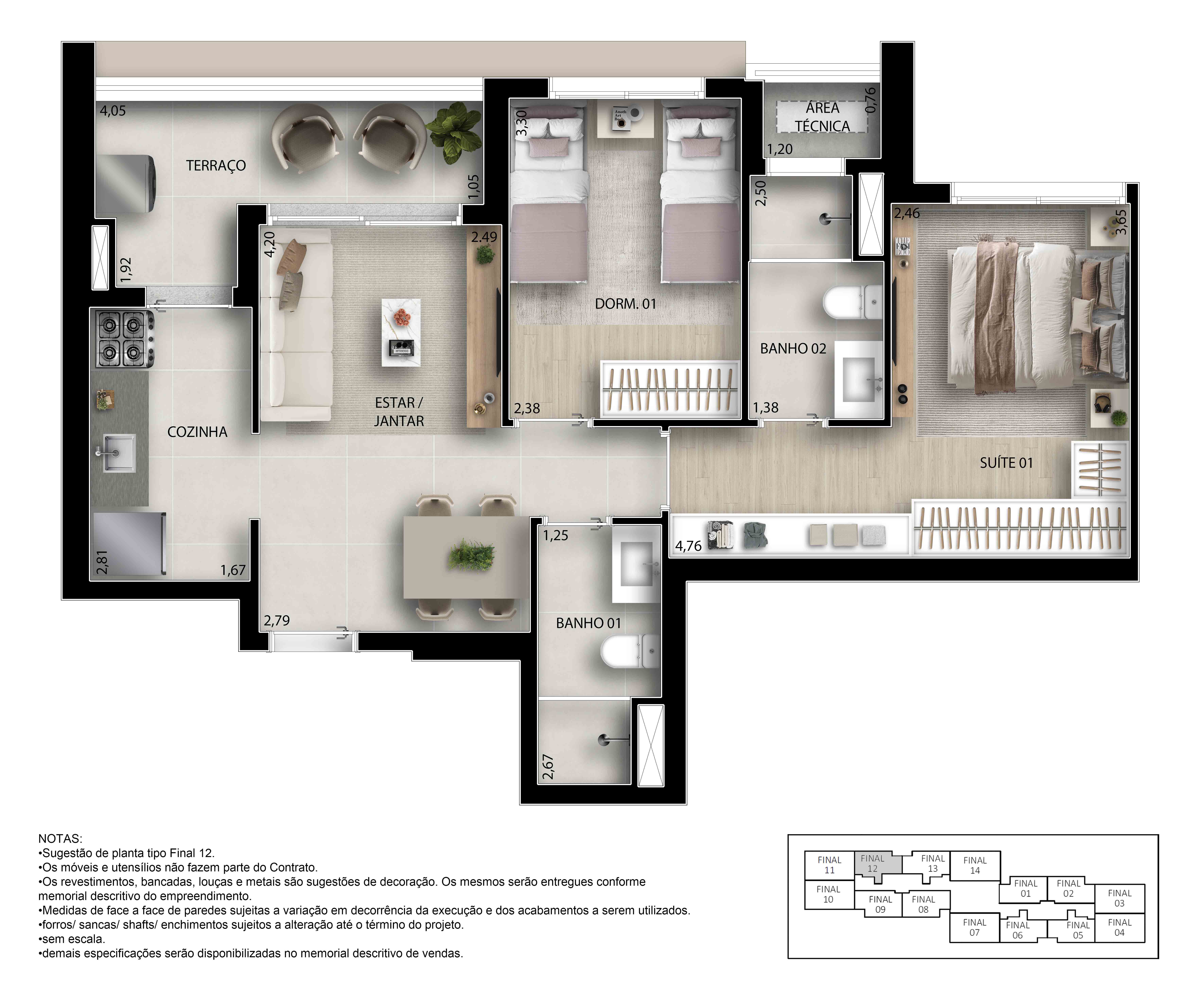 Planta 61m² | 2 Dorms sendo 1 Suíte - Padrão