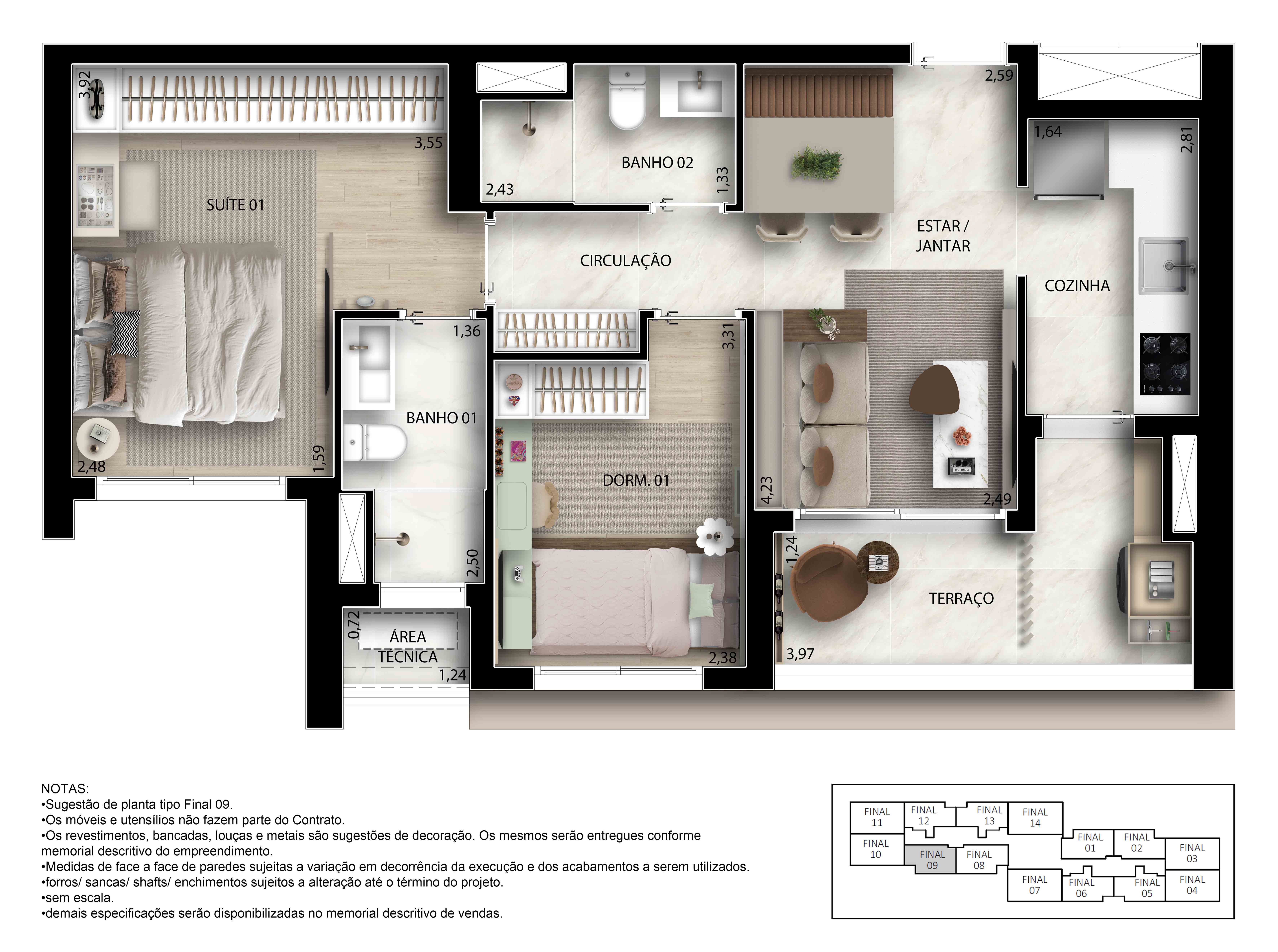Planta 62m² | 2 Dorms sendo 1 Suíte - Decorado Com Caixilho