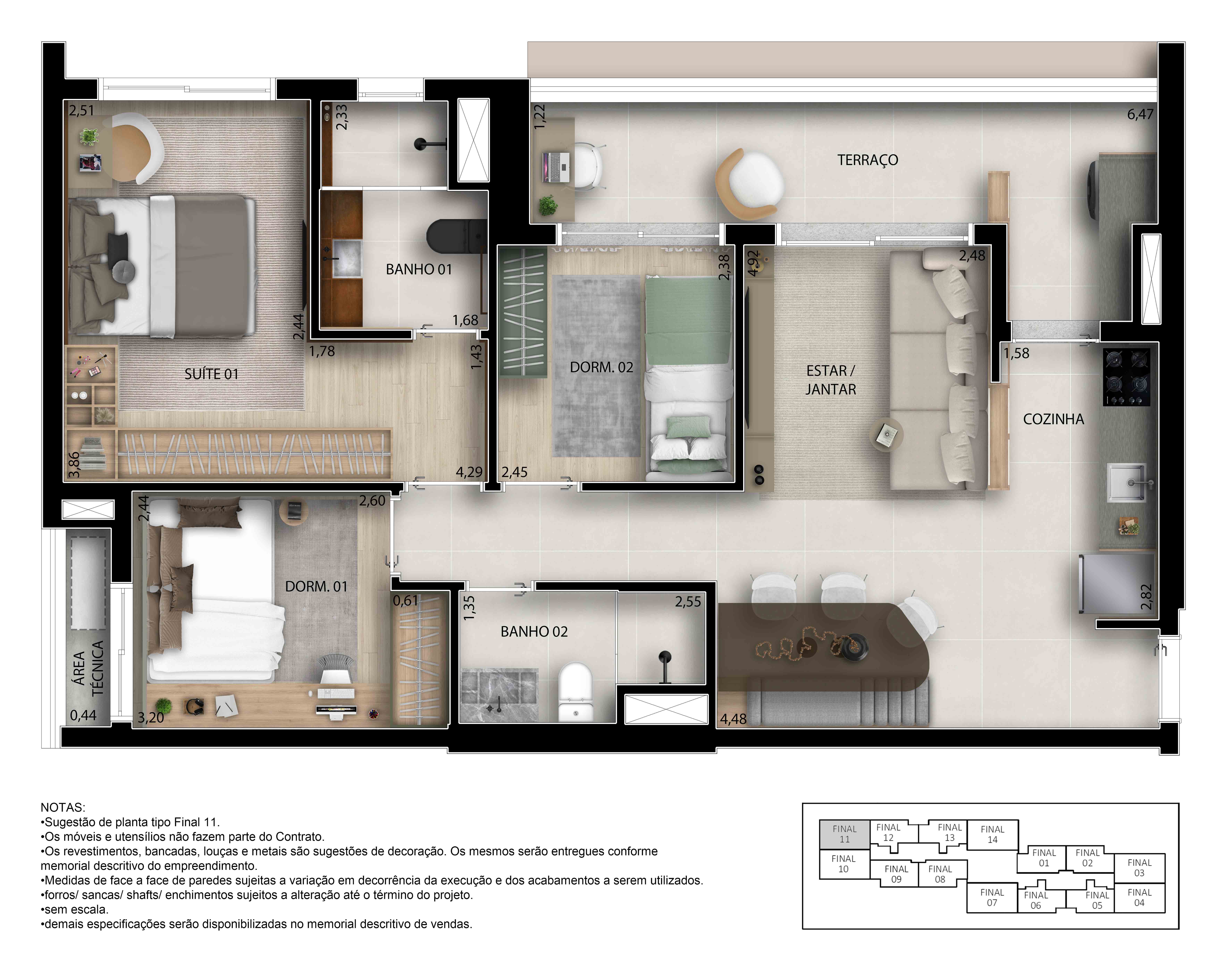 Planta 76m² | 3 Dorms sendo 1 Suíte - Decorado Com Caixilho