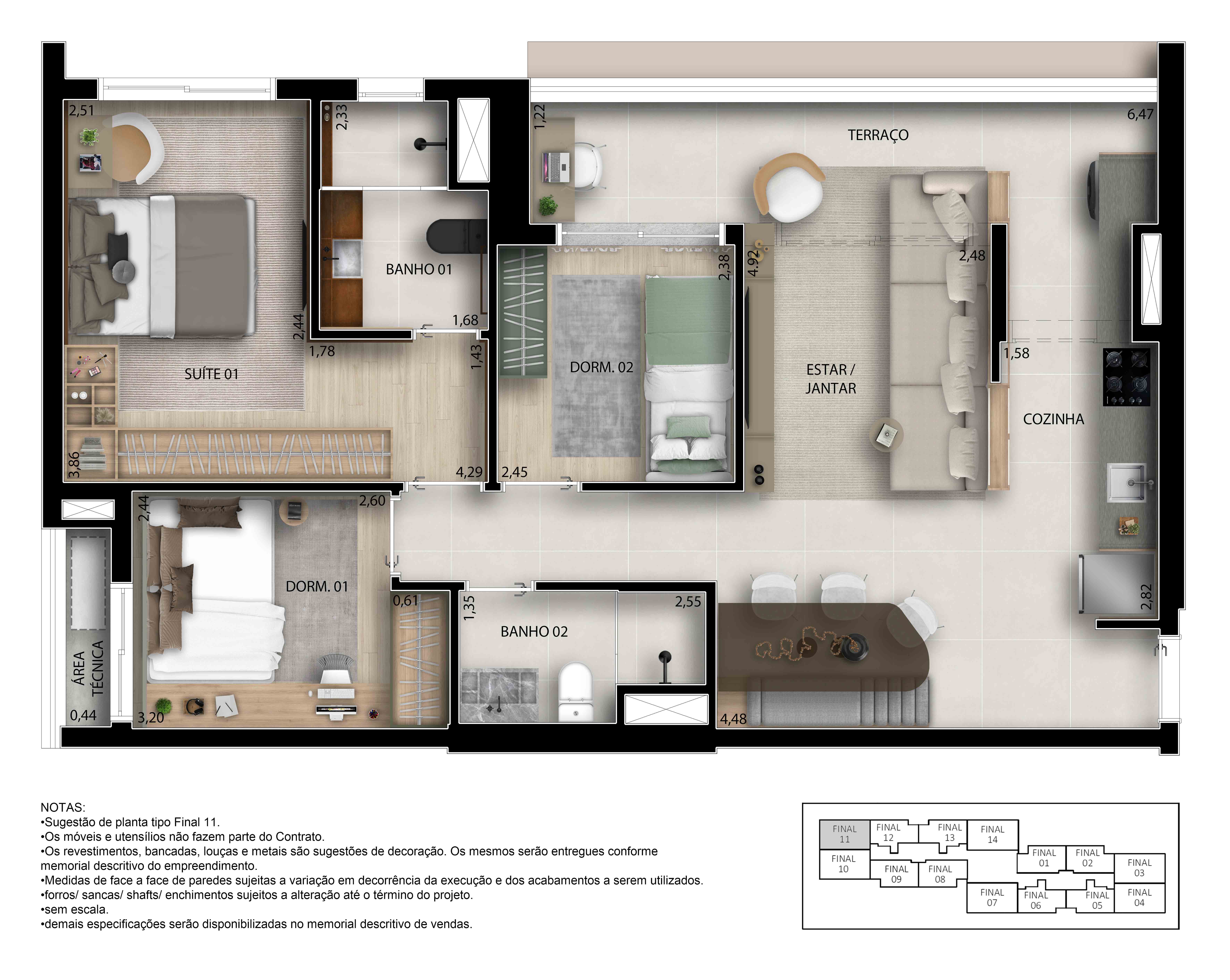Planta 76m² | 3 Dorms sendo 1 Suíte - Decorado Sem Caixilho