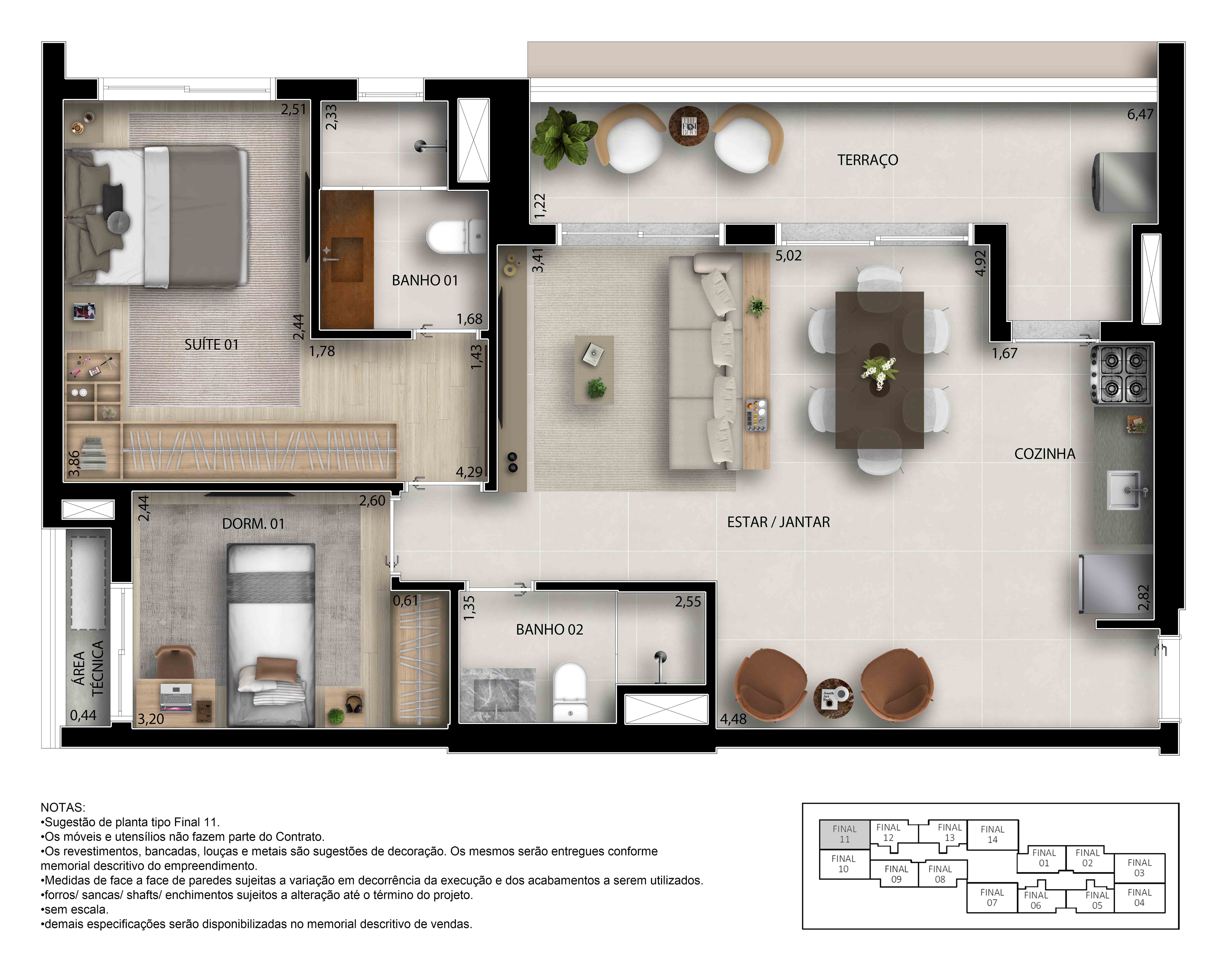 Planta 76m² | 3 Dorms sendo 1 Suíte - Opção
