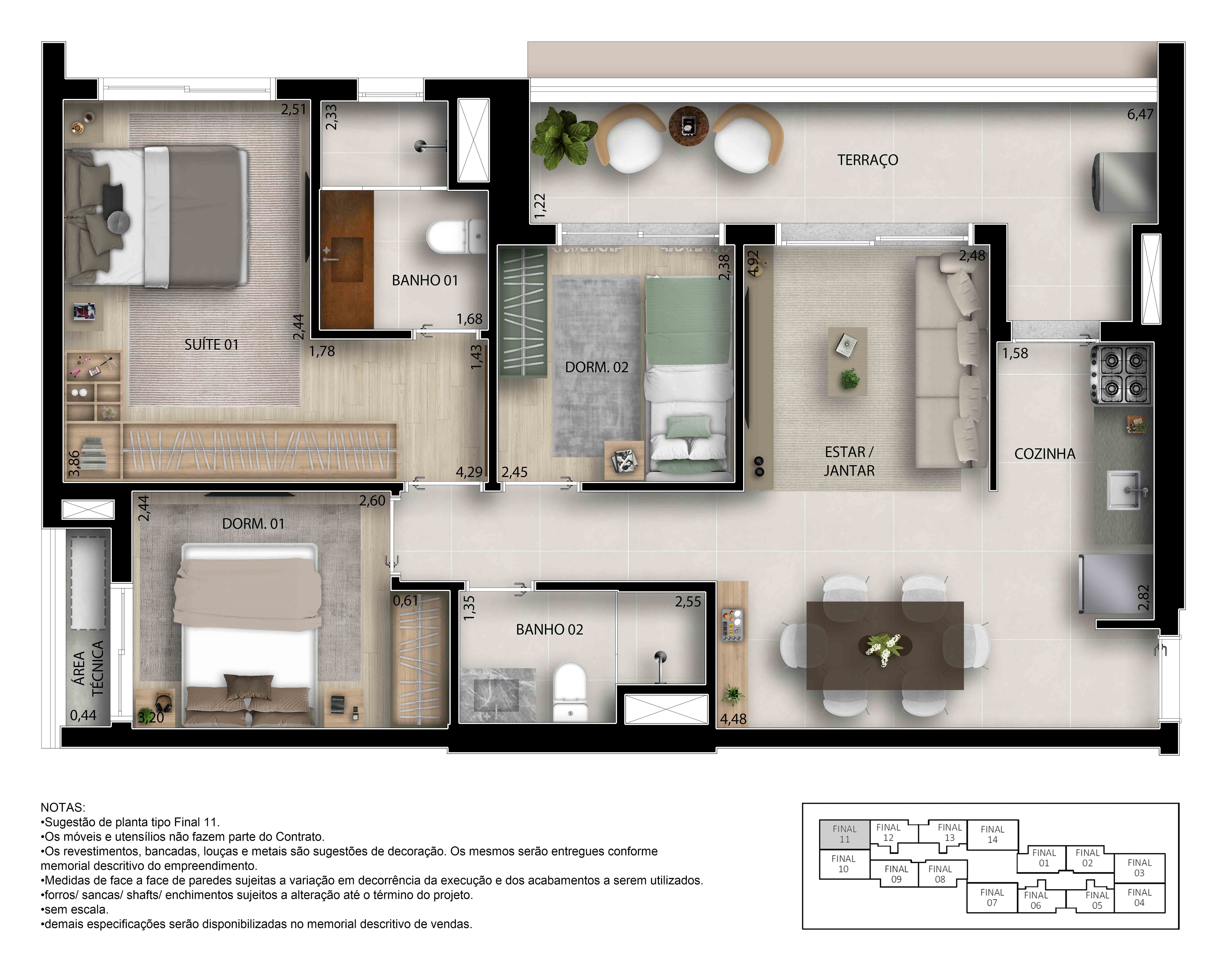 Planta 76m² | 3 Dorms sendo 1 Suíte - Padrão