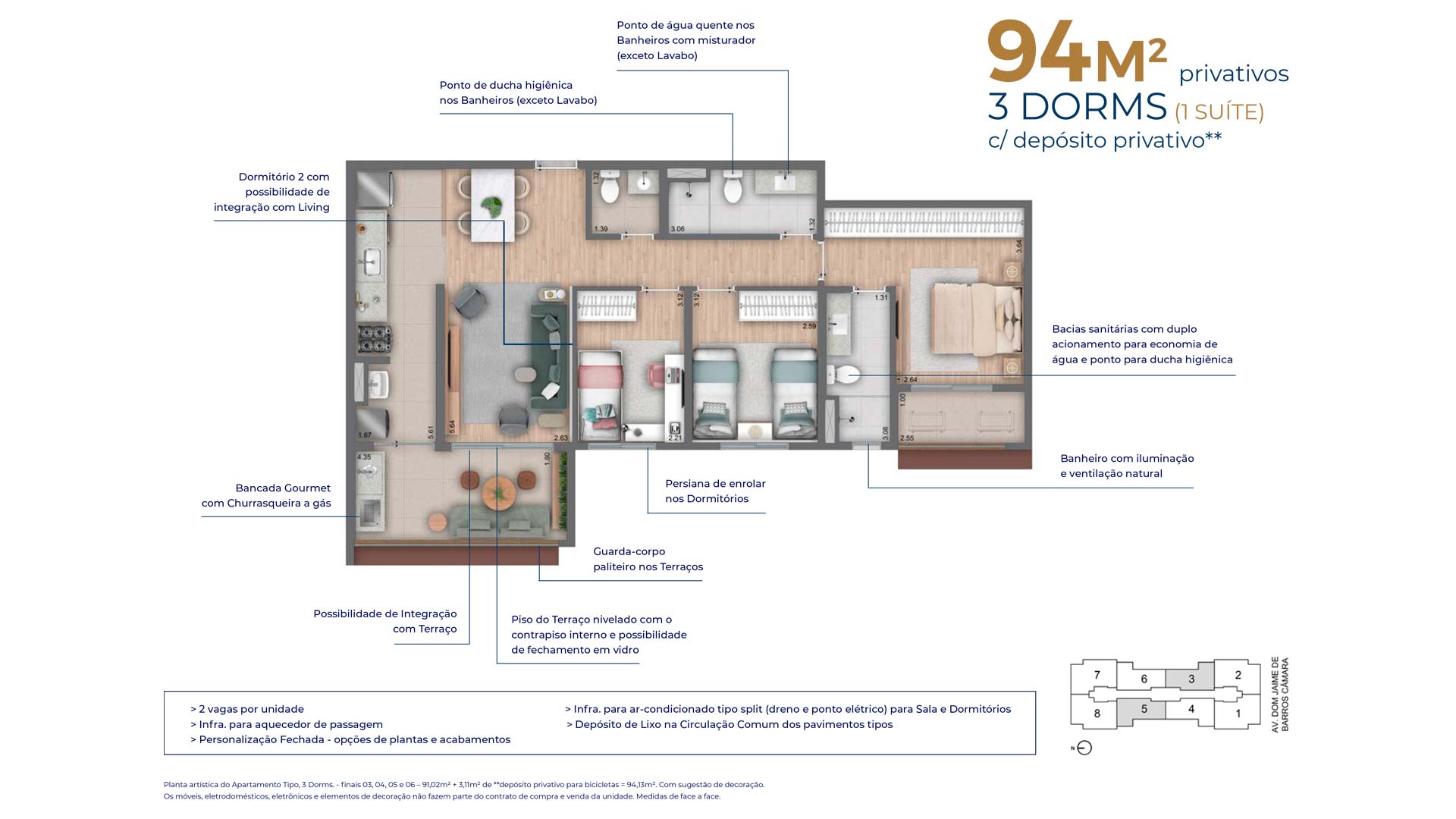 Planta 94m² | 3 Dorms (1 suíte)
