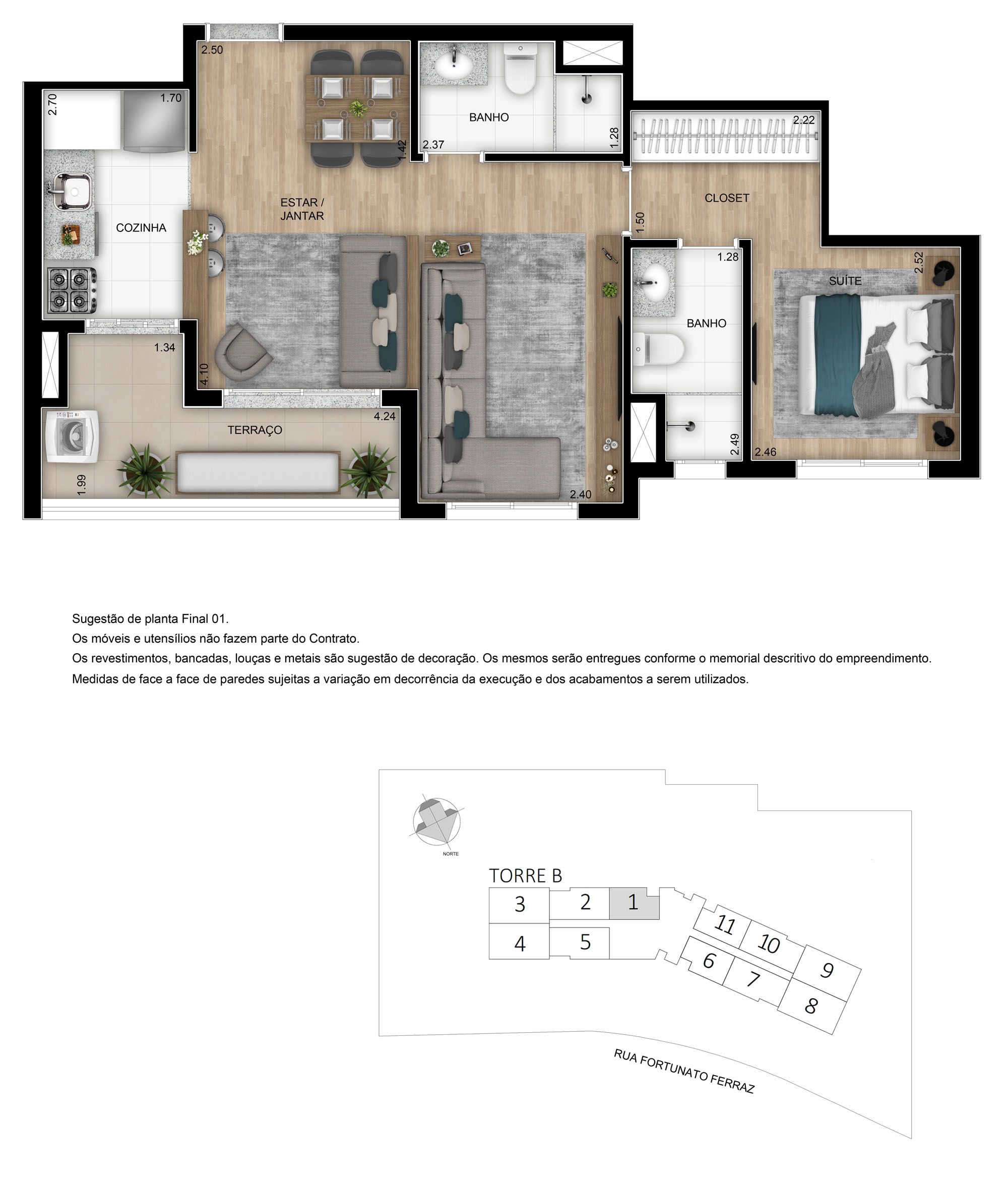 Planta 55m² | 1 Dorm (01 Suíte)