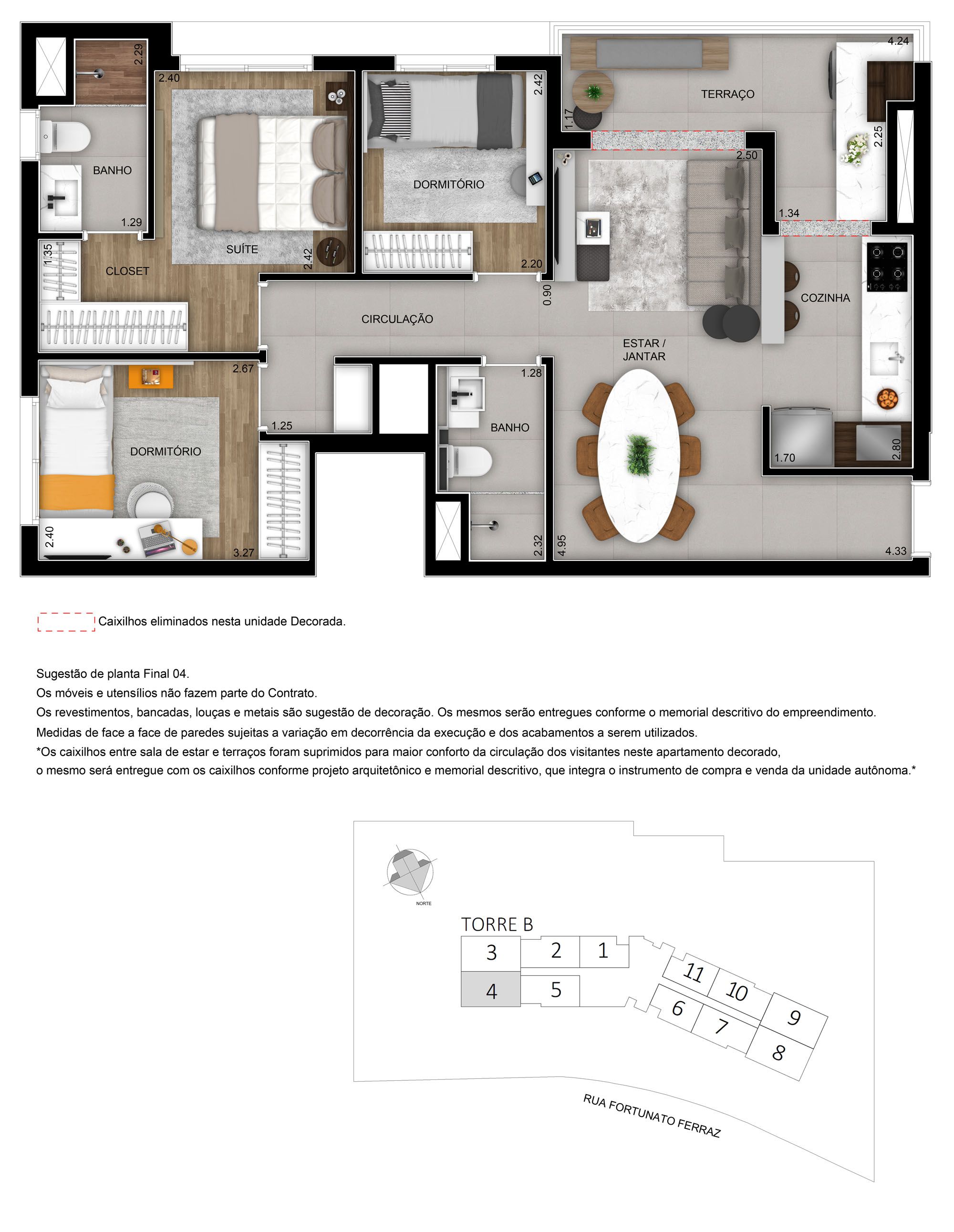 Planta 67m² | 3 Dorms (01 Suíte)