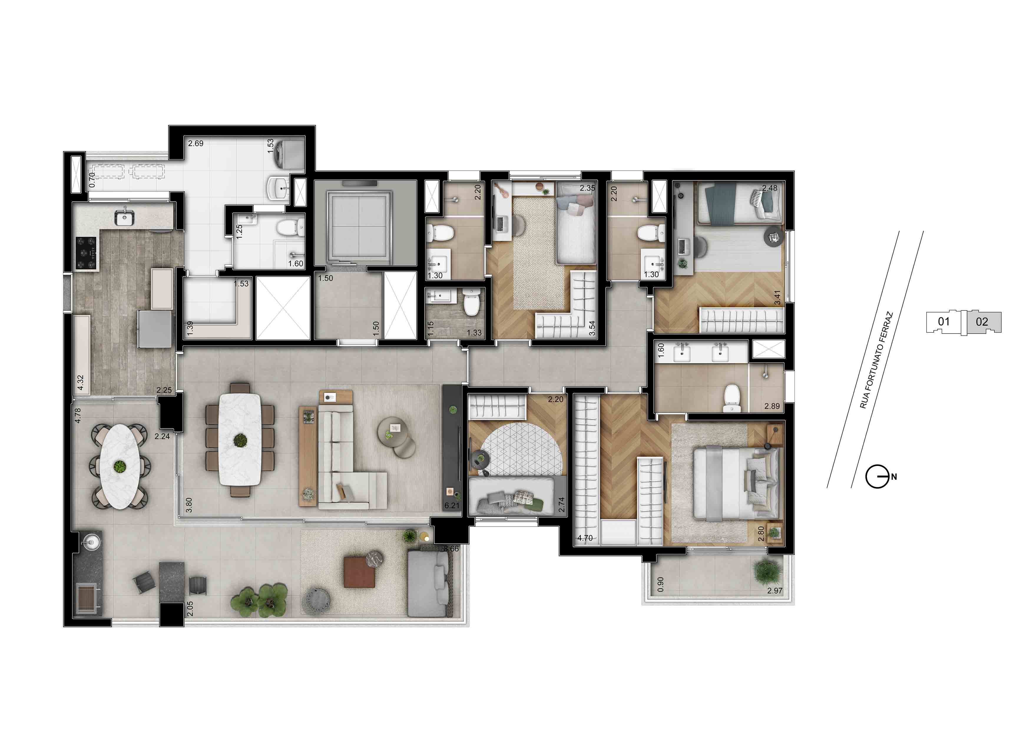 Planta 157m² | 4 Dorms (02 Suítes)