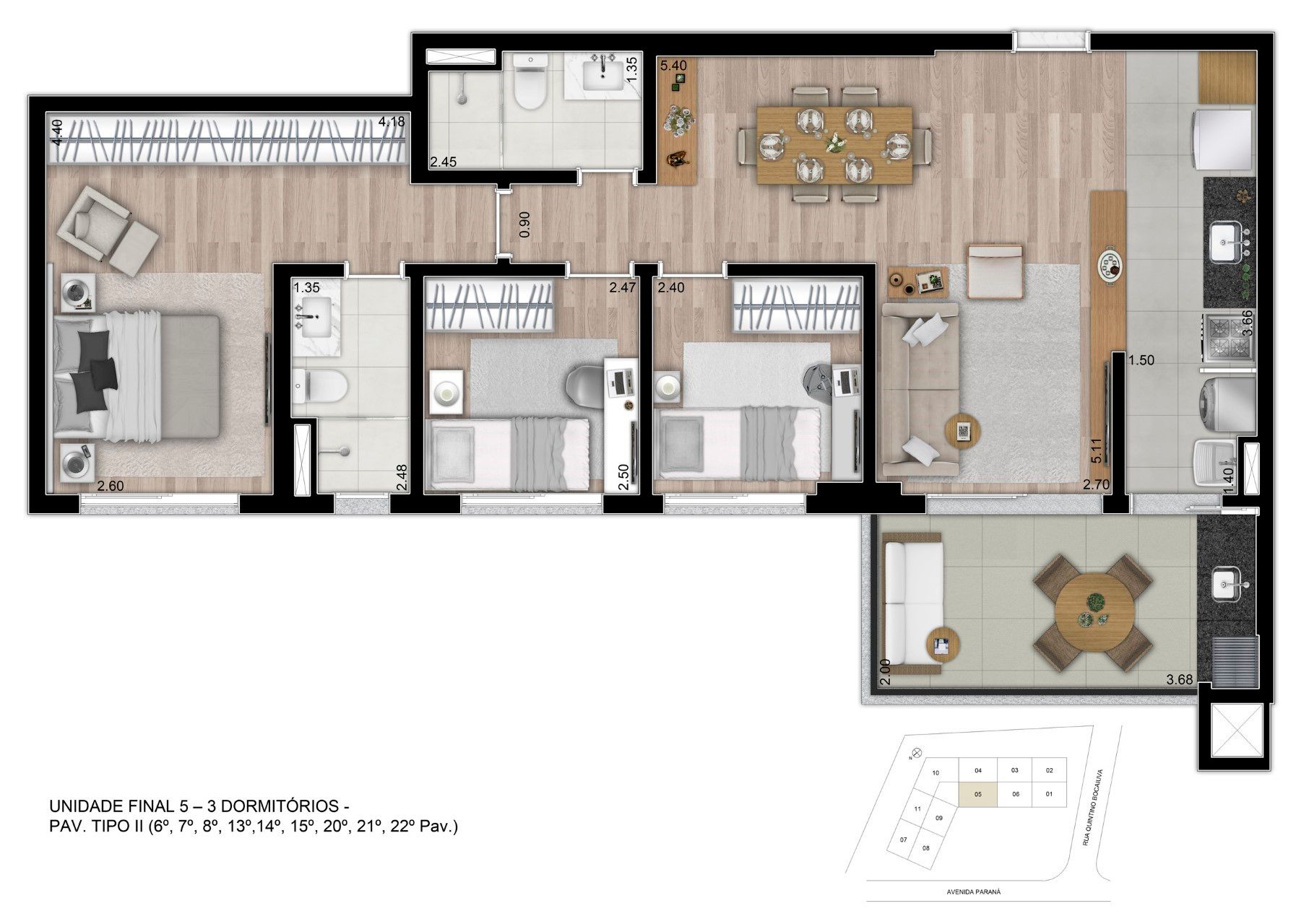 Helbor Visionist Cabral - Planta Tipo - 3 dorms.(1 Suíte) - 86m² Privativos - Final 5