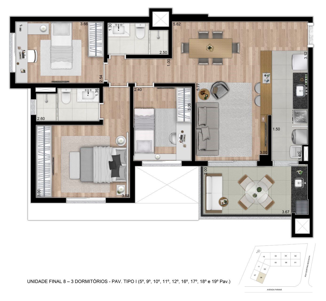 Helbor Visionist - Planta Tipo - Apto 3 Dorms.(1 suíte) - 90m² privativos - Final 10