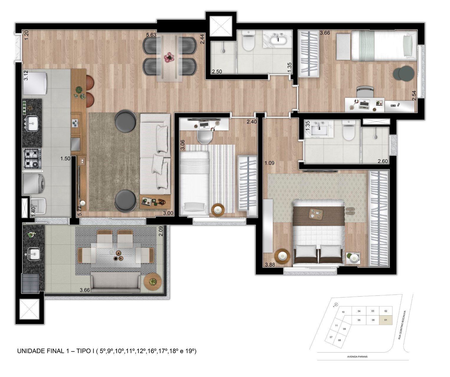 Helbor Visionist Cabral - Planta Tipo - 3 dorms.(1 Suíte) - 91m² Privativos - Final 1